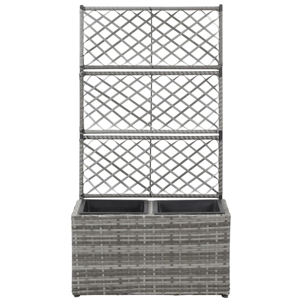 vidaXL Trellis Raised Bed with 2 Pots 22.8" x 11.8" x 42.1" Poly Rattan Gray. Picture 2