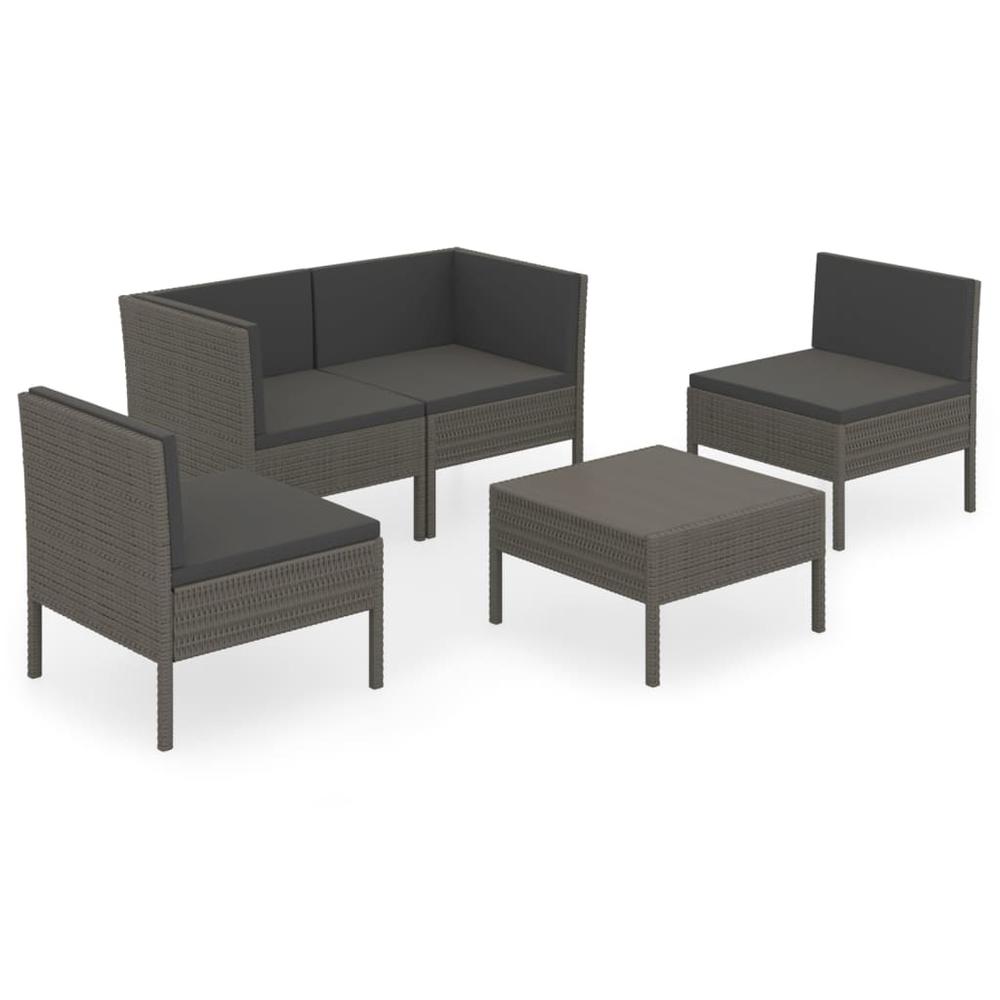 vidaXL 5 Piece Patio Lounge Set with Cushions Poly Rattan Gray, 3094342. Picture 2