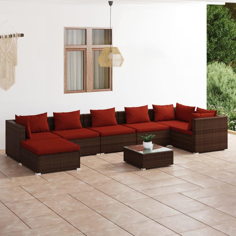 vidaXL 8 Piece Patio Lounge Set with Cushions Poly Rattan Brown, 3101843. Picture 1