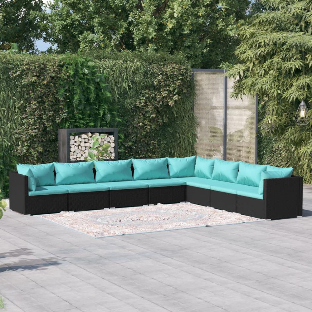 vidaXL 8 Piece Patio Lounge Set with Cushions Poly Rattan Black, 3101769. Picture 1