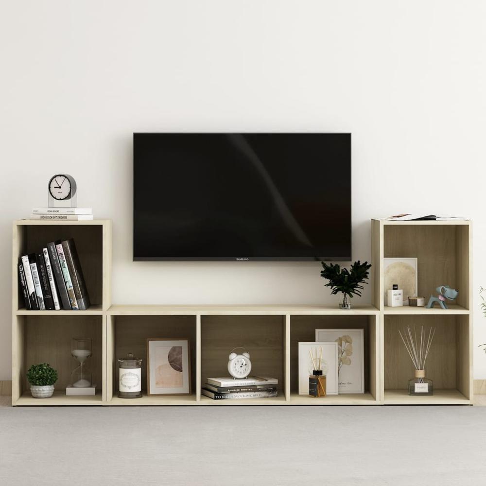 vidaXL 3 Piece TV Cabinet Set Sonoma Oak Engineered Wood, 3080018. Picture 1