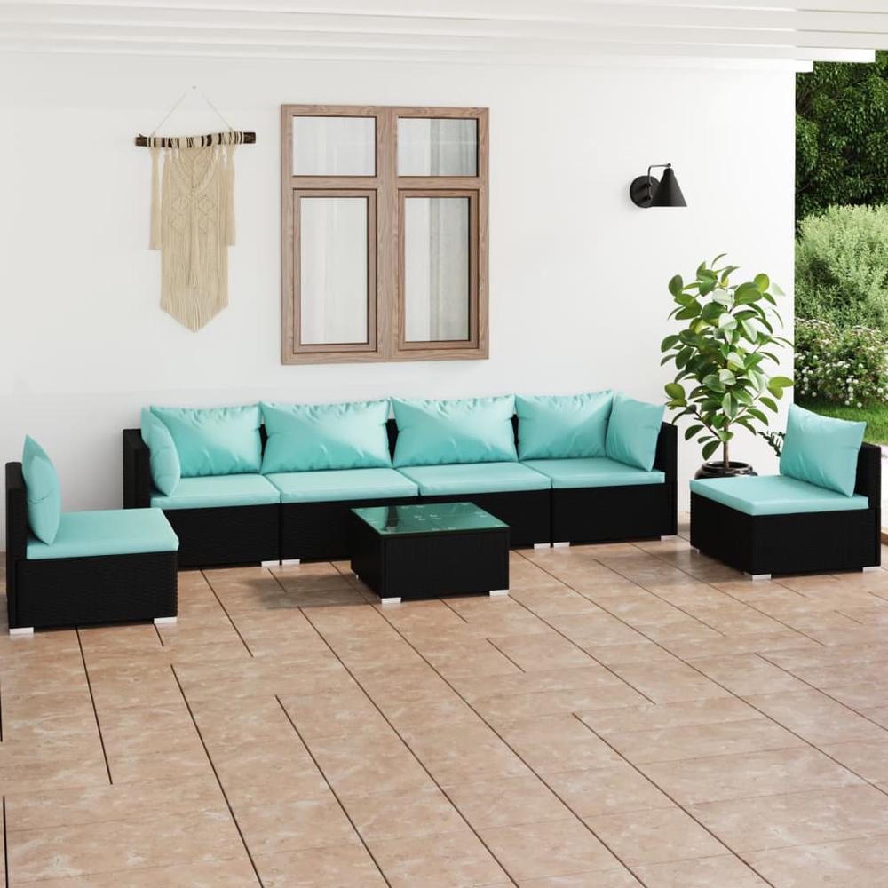 vidaXL 7 Piece Patio Lounge Set with Cushions Poly Rattan Black, 3102217. The main picture.