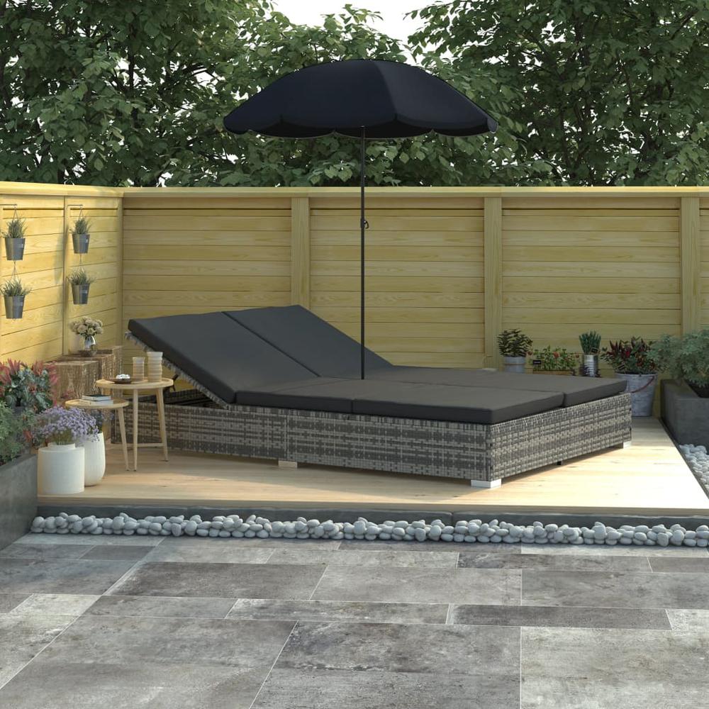 vidaXL Outdoor Lounge Bed with Umbrella Poly Rattan Gray, 48125. The main picture.