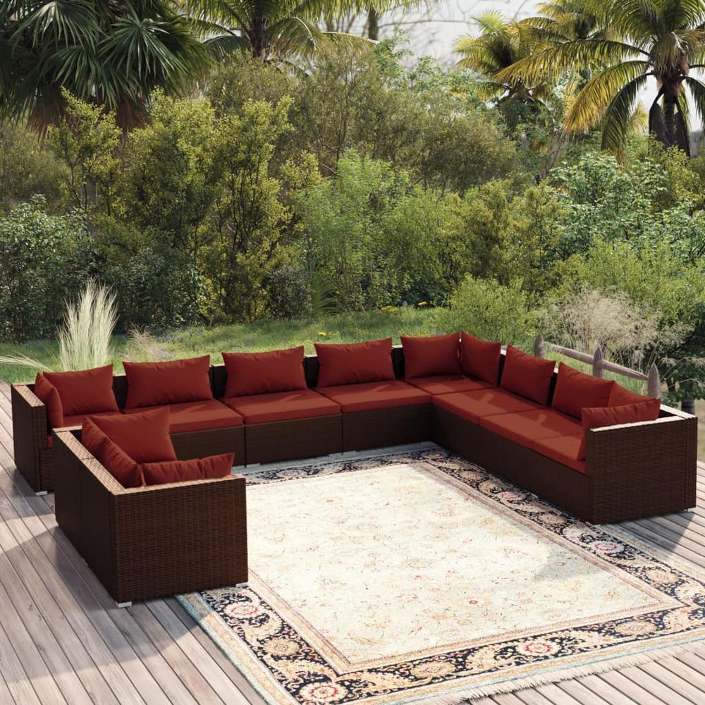 vidaXL 10 Piece Patio Lounge Set with Cushions Brown Poly Rattan, 3102515. Picture 1