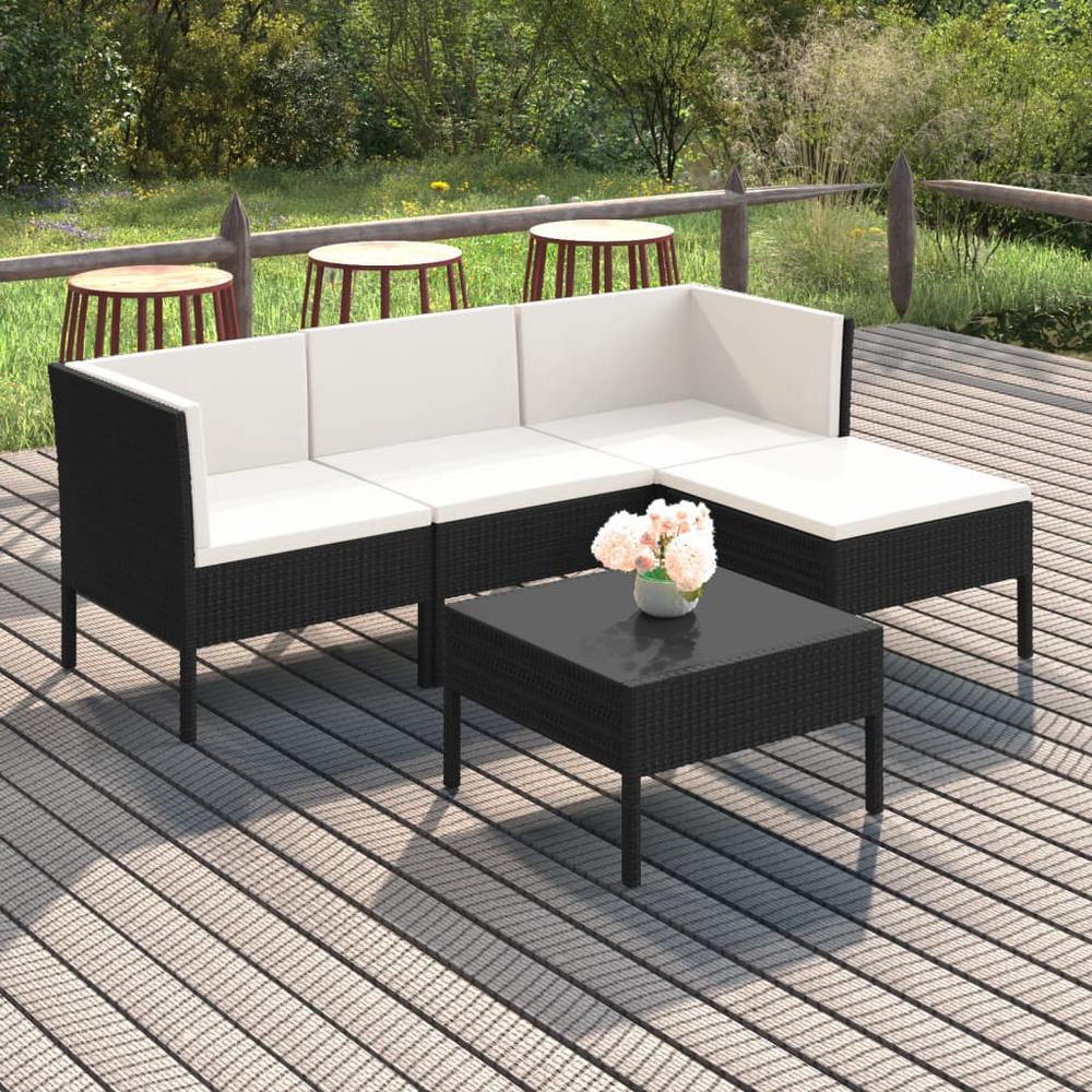 vidaXL 5 Piece Patio Lounge Set with Cushions Poly Rattan Black, 3094376. Picture 1