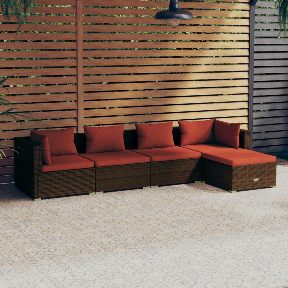vidaXL 5 Piece Patio Lounge Set with Cushions Poly Rattan Brown, 3101659. Picture 1