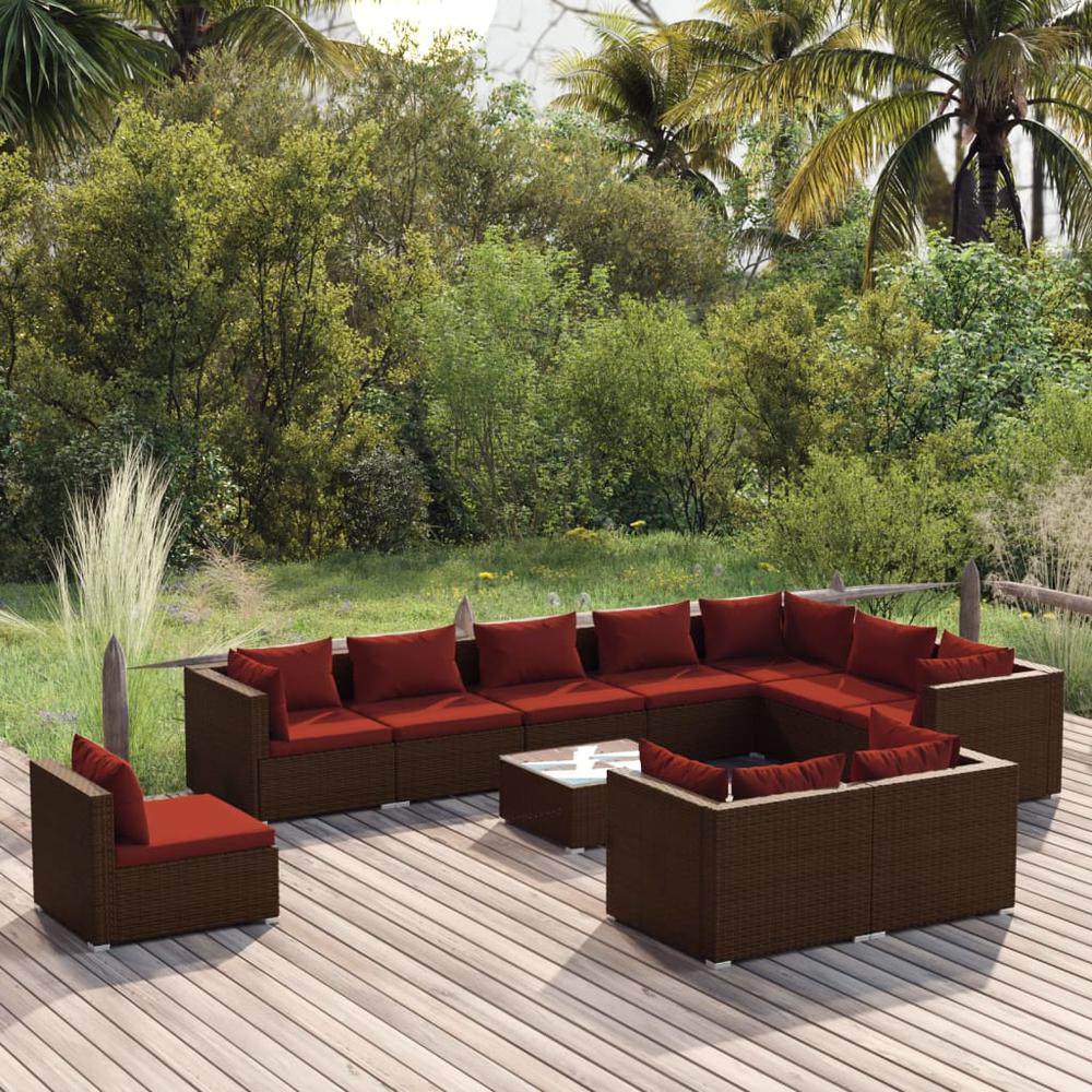 vidaXL 11 Piece Patio Lounge Set with Cushions Poly Rattan Brown, 3102667. Picture 1