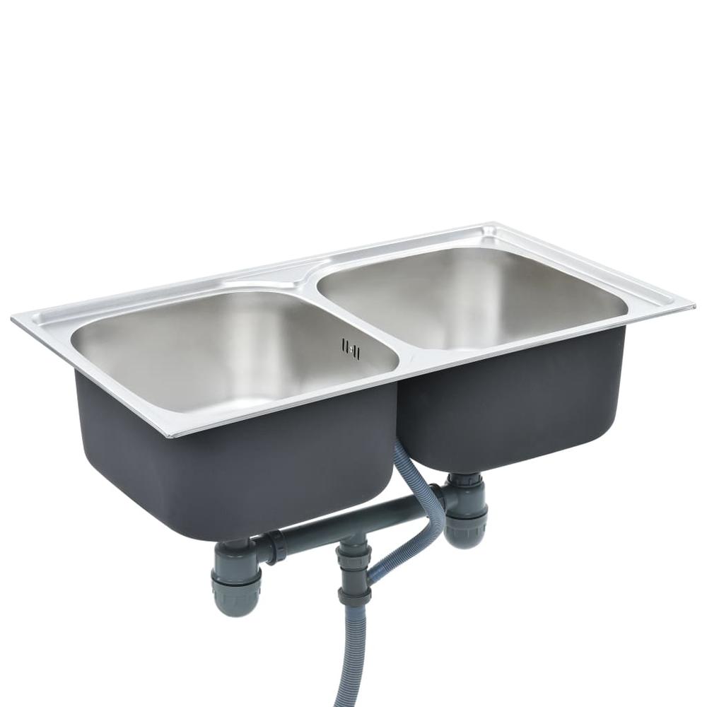 vidaXL Kitchen Sink Double Basin with Strainer & Trap Stainless Steel. Picture 3