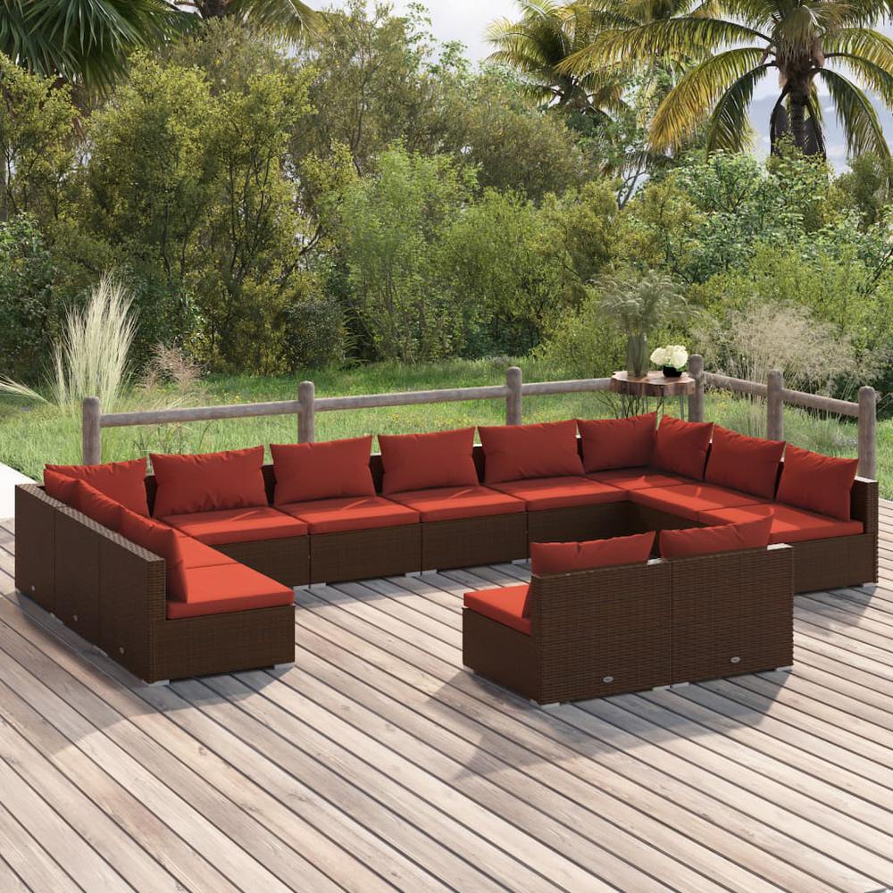 vidaXL 12 Piece Patio Lounge Set with Cushions Brown Poly Rattan, 3102139. Picture 1