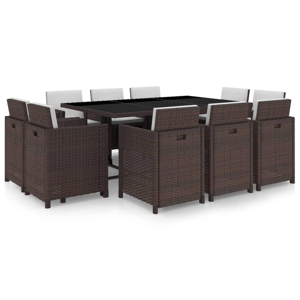 vidaXL 11 Piece Patio Dining Set with Cushions Poly Rattan Brown. Picture 1