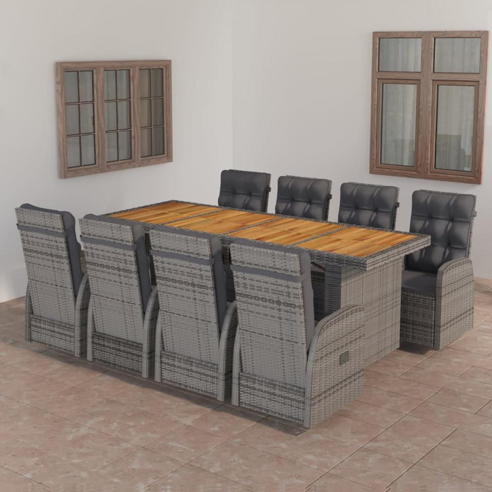 vidaXL 9 Piece Patio Dining Set with Cushions Poly Rattan Gray, 3059341. Picture 1