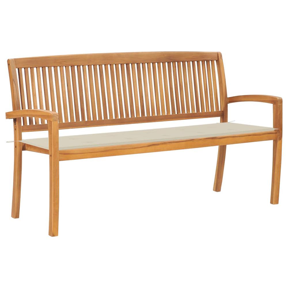 vidaXL Stacking Patio Bench with Cushion 62.6" Solid Teak Wood, 3063308. Picture 1