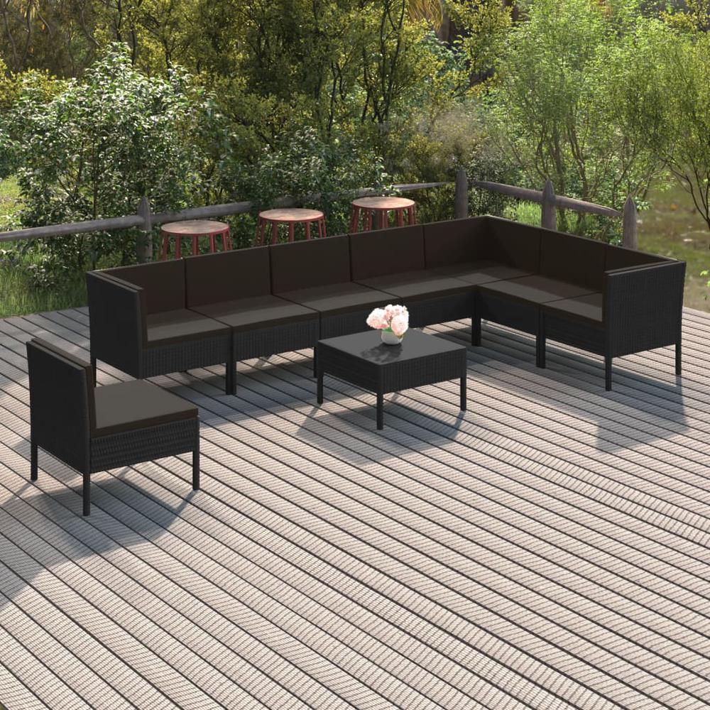vidaXL 9 Piece Patio Lounge Set with Cushions Poly Rattan Black, 3094445. Picture 1