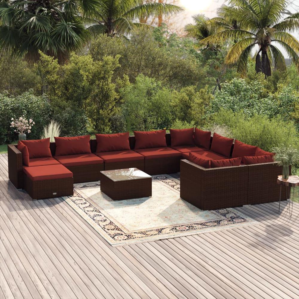 vidaXL 11 Piece Patio Lounge Set with Cushions Poly Rattan Brown, 3102691. The main picture.