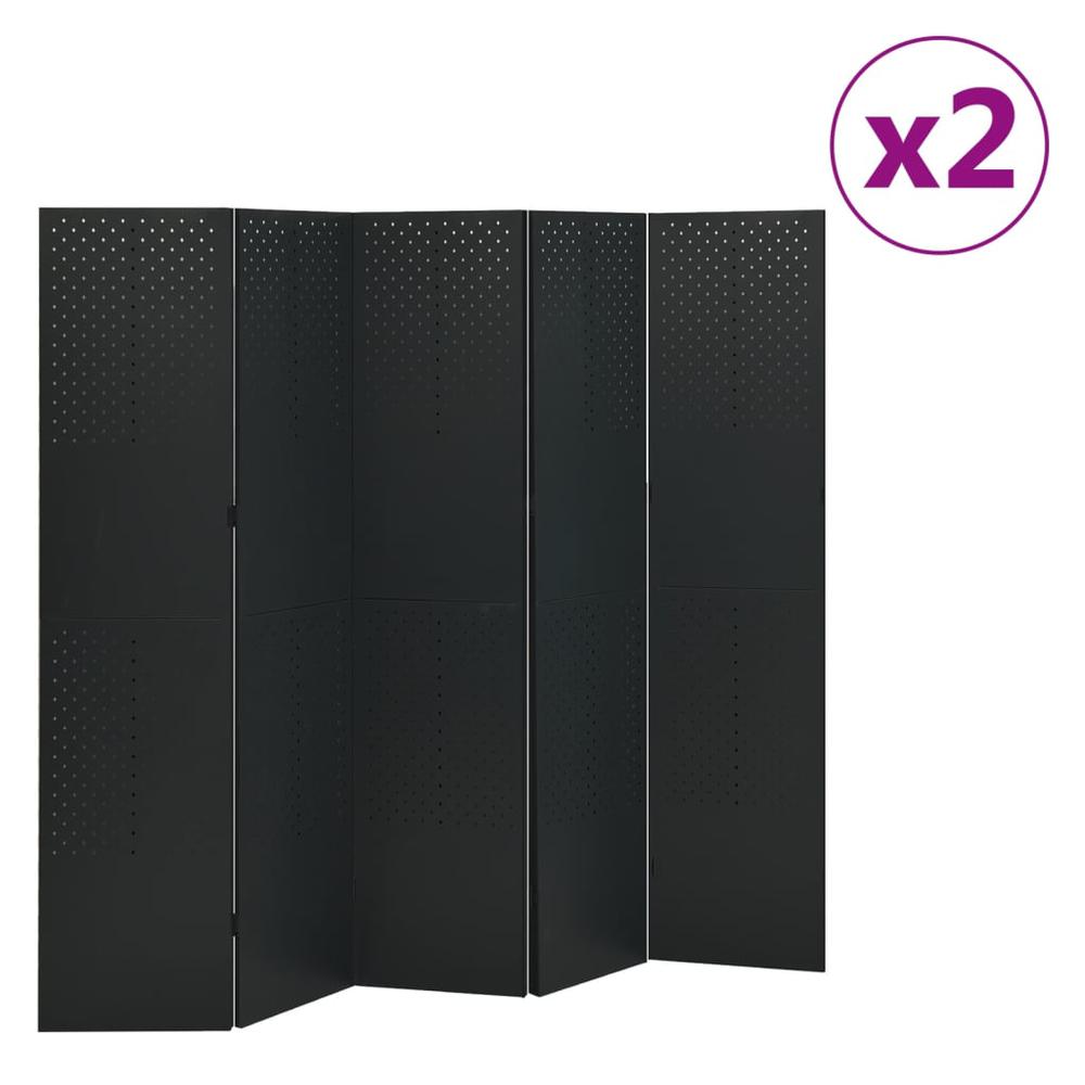 vidaXL 5-Panel Room Dividers 2 pcs Black 78.7"x70.9" Steel. Picture 1