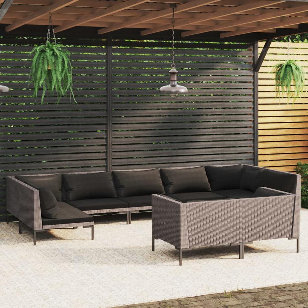 vidaXL 9 Piece Patio Lounge Set with Cushions Poly Rattan Dark Gray, 3099942. Picture 1