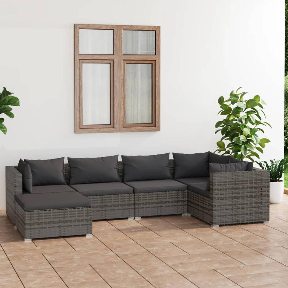 vidaXL 6 Piece Patio Lounge Set with Cushions Poly Rattan Gray, 3101813. Picture 1