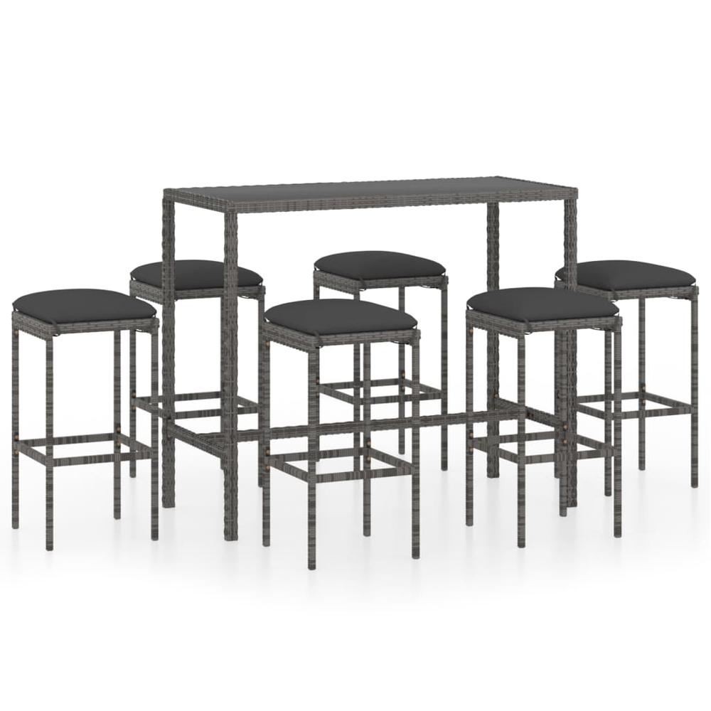 vidaXL 7 Piece Patio Bar Set with Cushions Poly Rattan Gray, 3064824. Picture 2