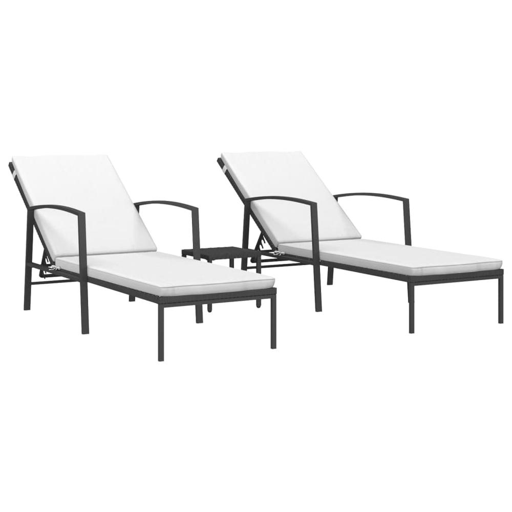 vidaXL Sun Loungers 2 pcs with Table Poly Rattan Black. Picture 2
