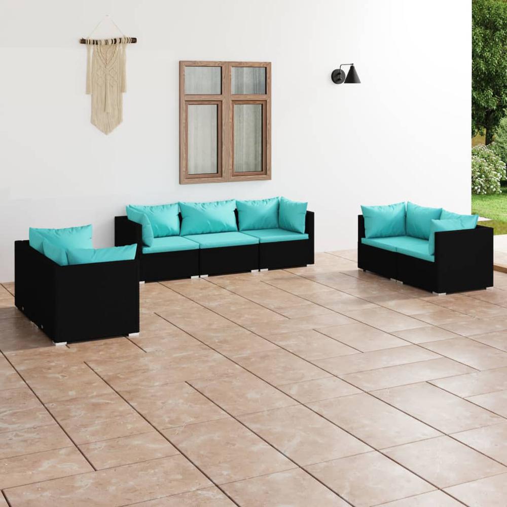 vidaXL 7 Piece Patio Lounge Set with Cushions Poly Rattan Black, 3102265. Picture 1