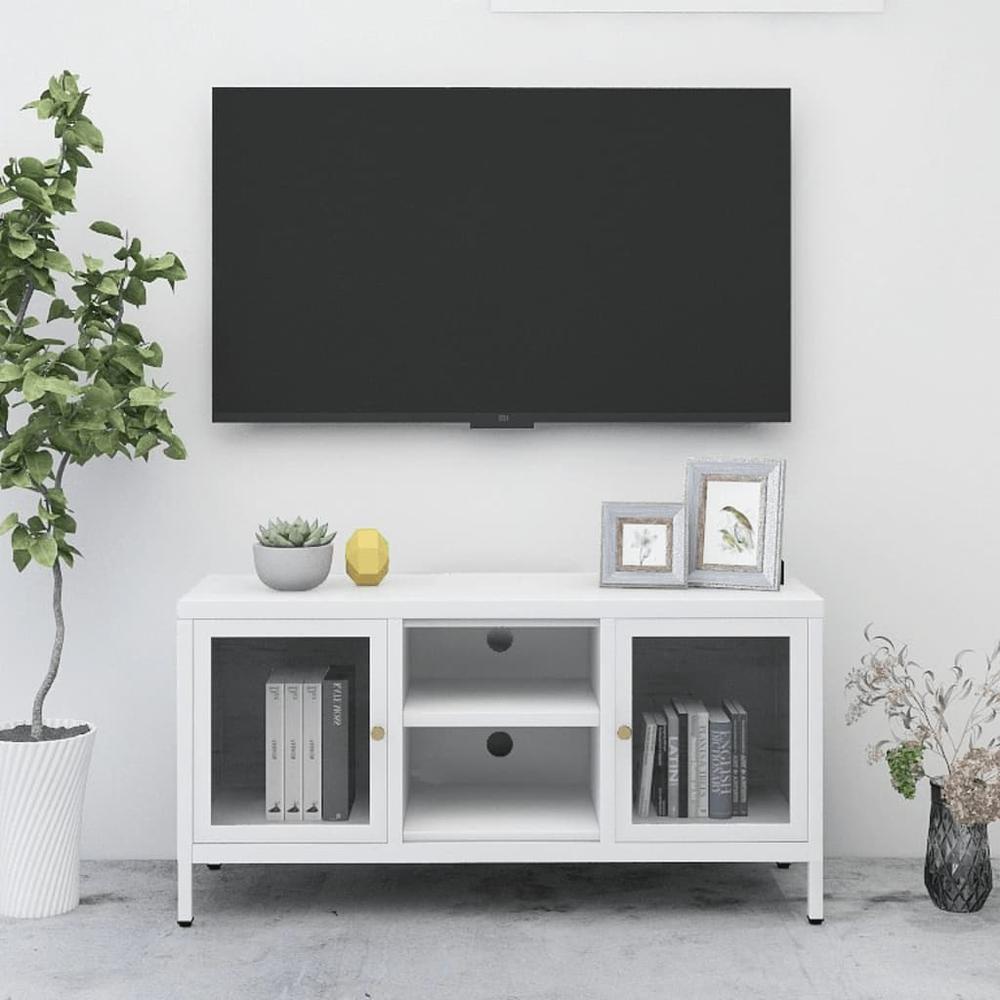 vidaXL TV Cabinet White 41.3"x13.8"x20.5" Steel and Glass. Picture 1