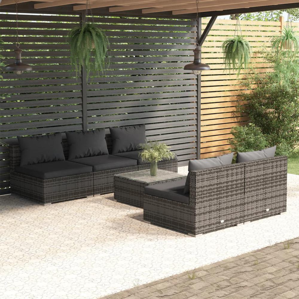 vidaXL 6 Piece Patio Lounge Set with Cushions Poly Rattan Gray, 3101453. Picture 1
