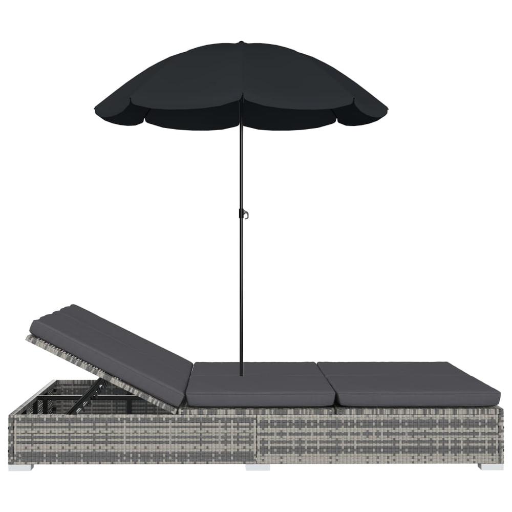 vidaXL Outdoor Lounge Bed with Umbrella Poly Rattan Gray, 48125. Picture 4