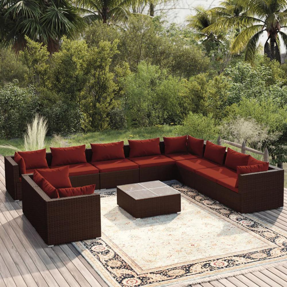 vidaXL 11 Piece Patio Lounge Set with Cushions Brown Poly Rattan, 3102523. Picture 1