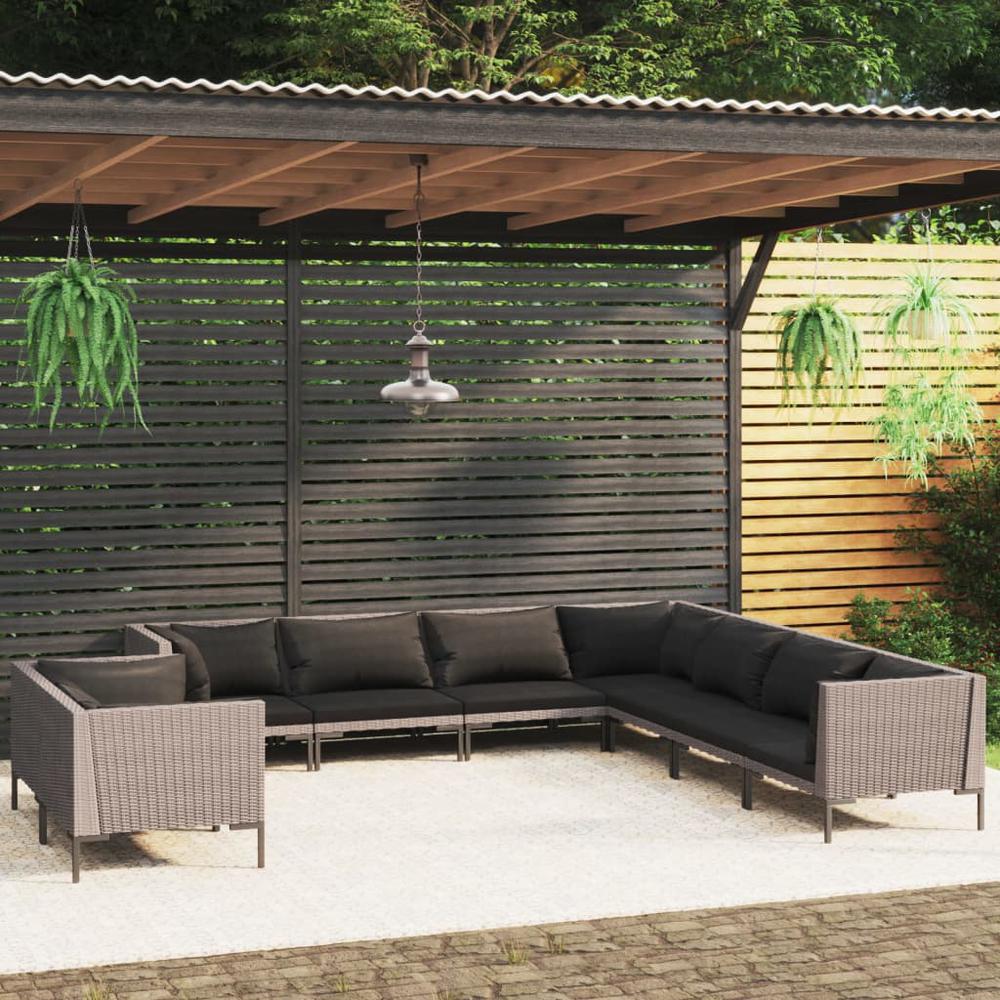 vidaXL 9 Piece Patio Lounge Set with Cushions Poly Rattan Dark Gray, 3099896. Picture 1