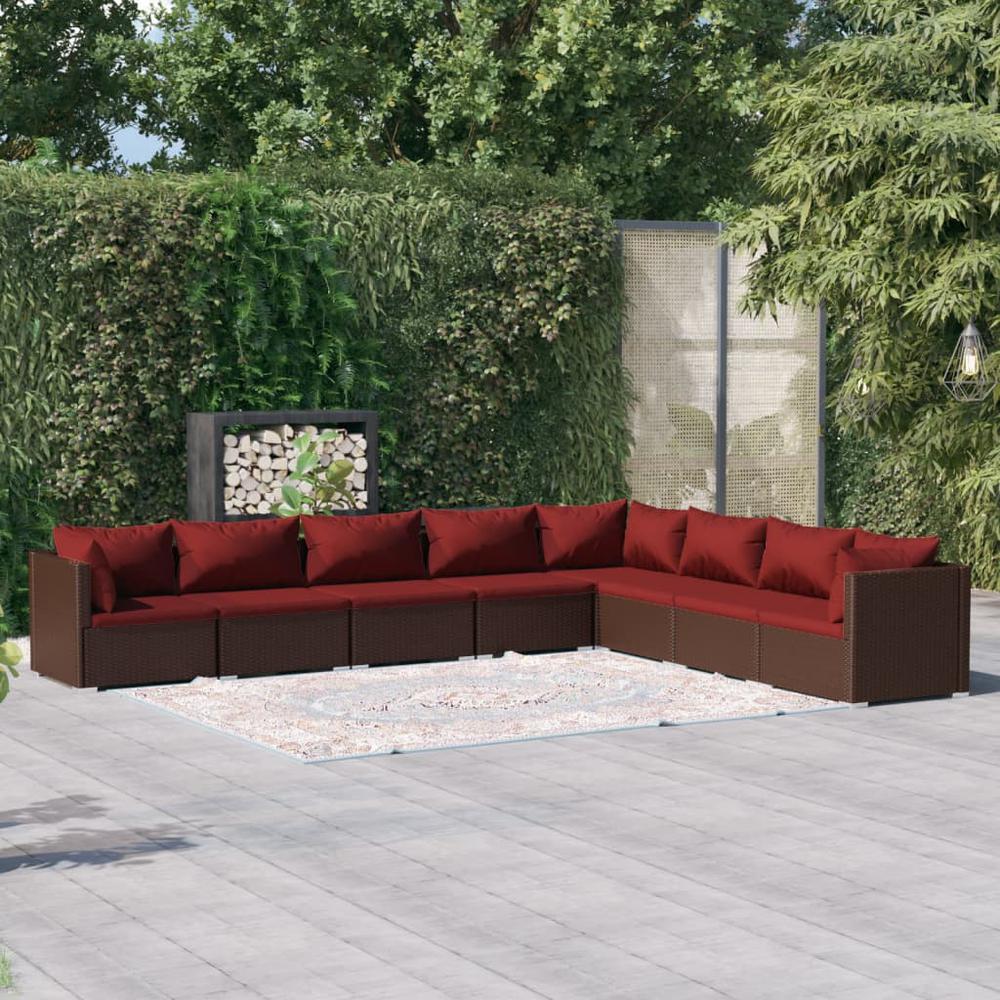 vidaXL 8 Piece Patio Lounge Set with Cushions Poly Rattan Brown, 3101771. Picture 1