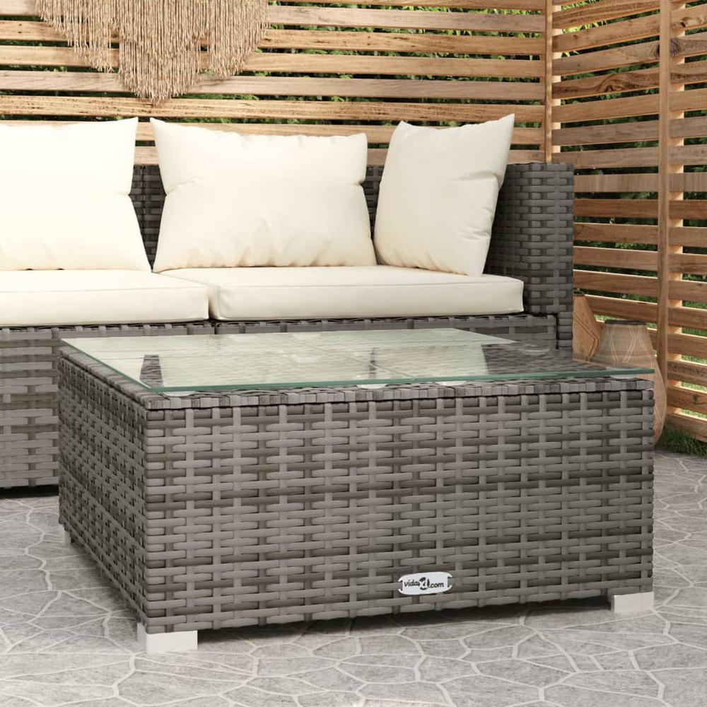 vidaXL Patio Coffee Table Gray 23.6"x23.6"x11.8" Poly Rattan and Glass. Picture 1