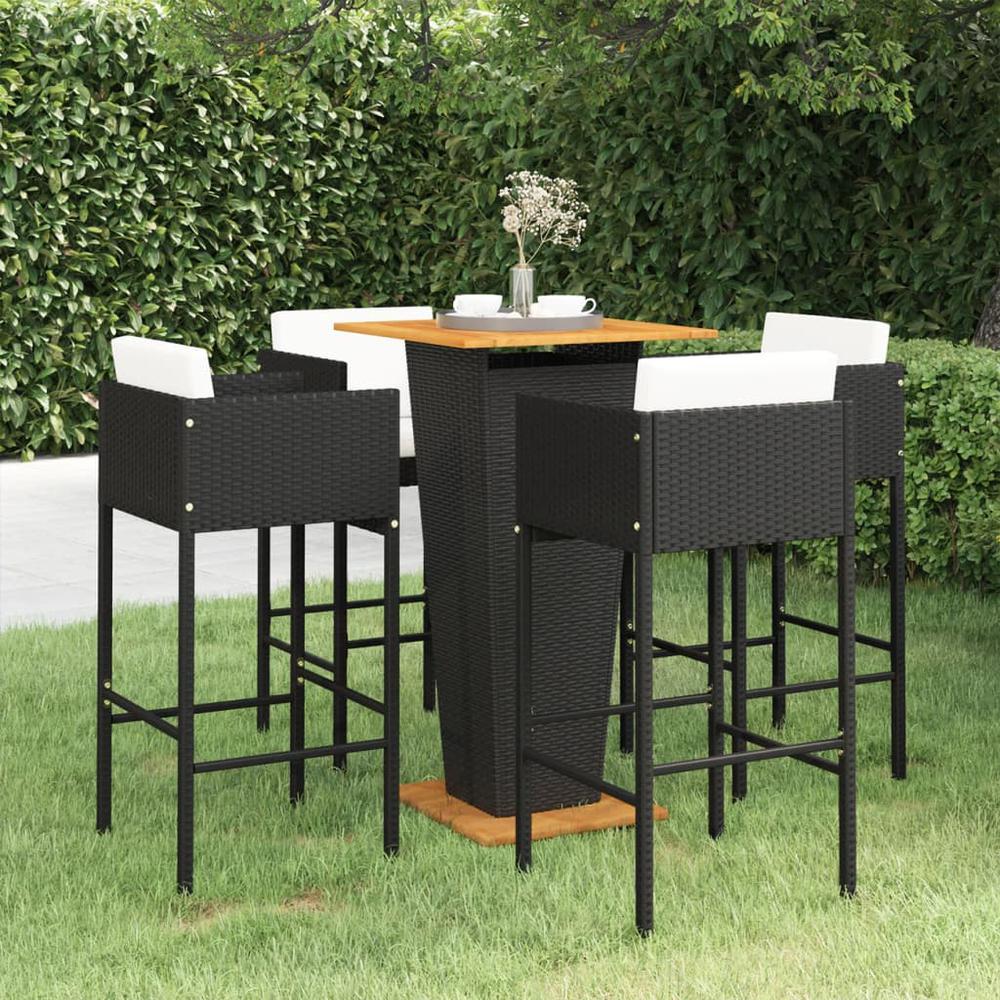 vidaXL 5 Piece Patio Bar Set with Cushions Poly Rattan Black, 3094800. Picture 1