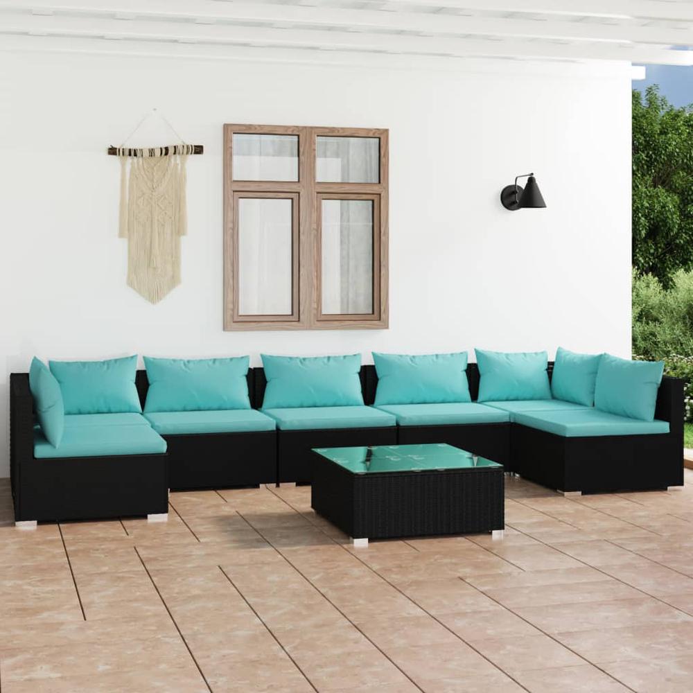 vidaXL 8 Piece Patio Lounge Set with Cushions Poly Rattan Black, 3101897. Picture 1