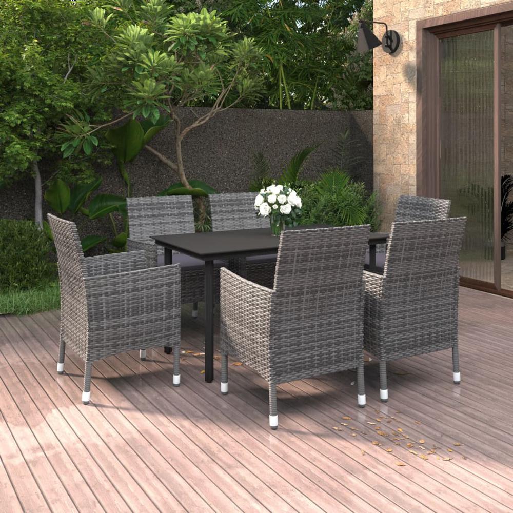 vidaXL 7 Piece Patio Dining Set with Cushions Poly Rattan and Glass, 3099694. Picture 1