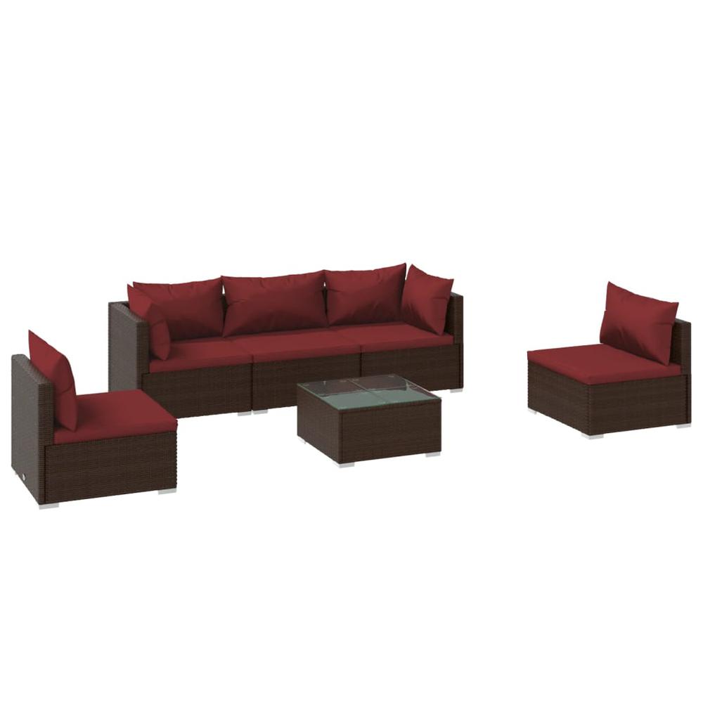 vidaXL 6 Piece Patio Lounge Set with Cushions Poly Rattan Brown, 3102195. Picture 2