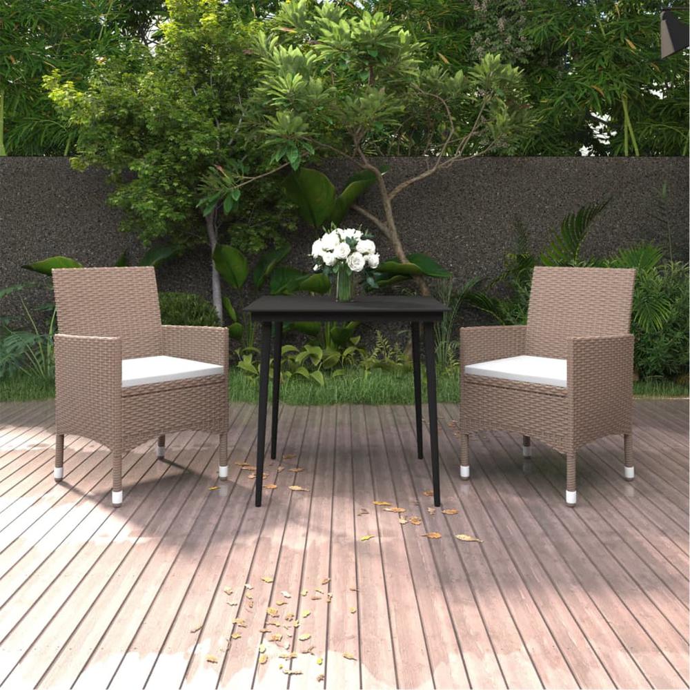 vidaXL 3 Piece Patio Dining Set with Cushions Poly Rattan and Glass, 3099751. Picture 1