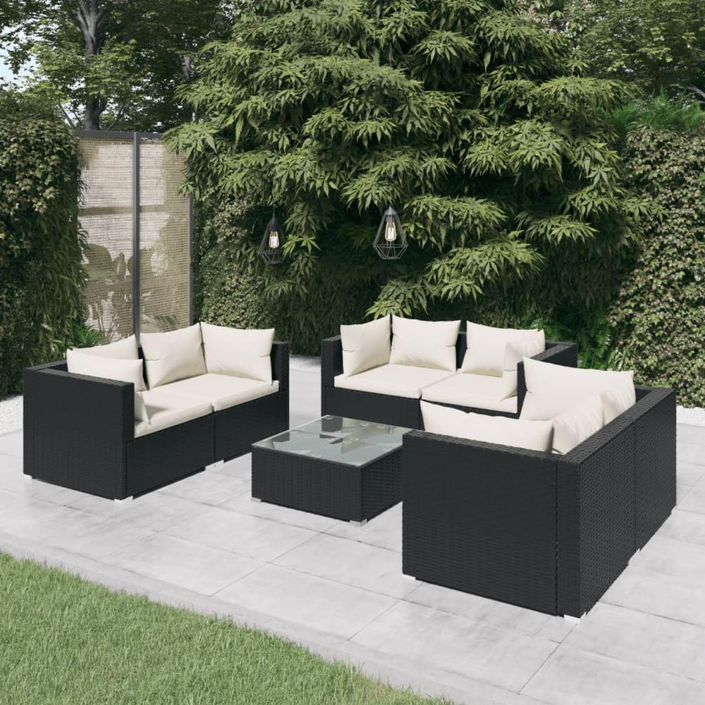 vidaXL 7 Piece Patio Lounge Set with Cushions Poly Rattan Black, 3102303. Picture 1