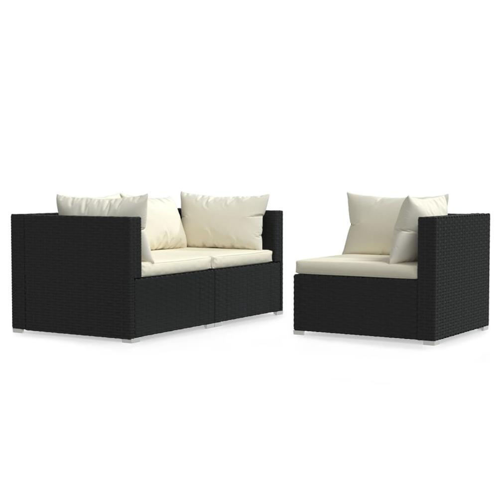 vidaXL 3 Piece Patio Lounge Set with Cushions Black Poly Rattan, 317494. Picture 2