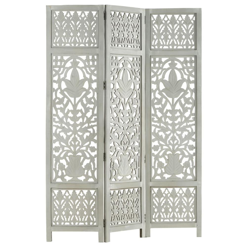 vidaXL Hand Carved 3-Panel Room Divider Gray 47.2"x65" Solid Mango Wood, 285332. Picture 1