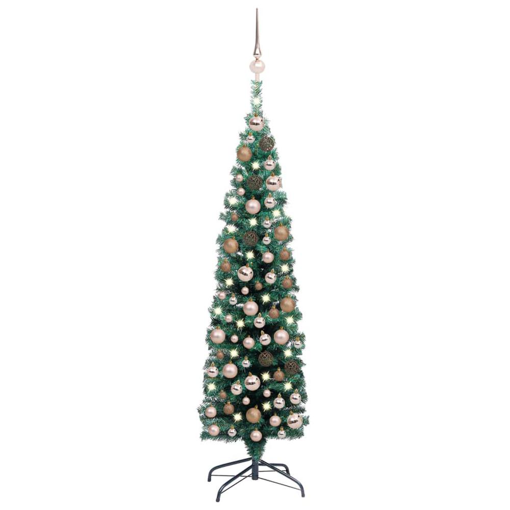 vidaXL Slim Artificial Christmas Tree with LEDs&Ball Set Green 59.1", 3077851. Picture 1