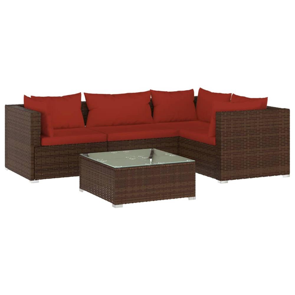 vidaXL 5 Piece Patio Lounge Set with Cushions Poly Rattan Brown, 3101683. Picture 2