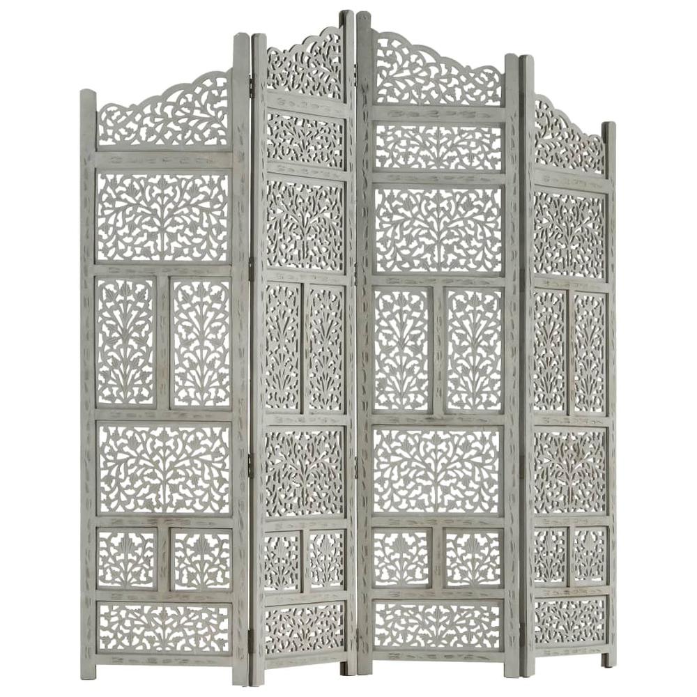 vidaXL Hand carved 4-Panel Room Divider Gray 63"x65" Solid Mango Wood, 285328. Picture 3