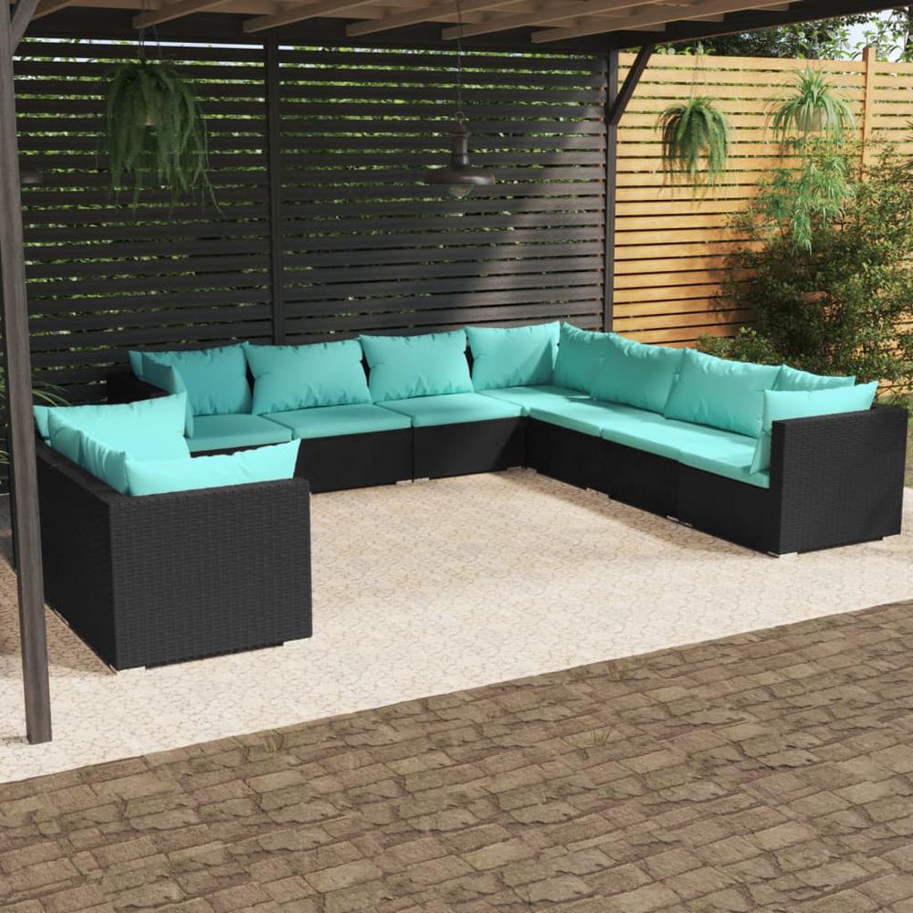 vidaXL 9 Piece Patio Lounge Set with Cushions Black Poly Rattan, 3102497. Picture 1