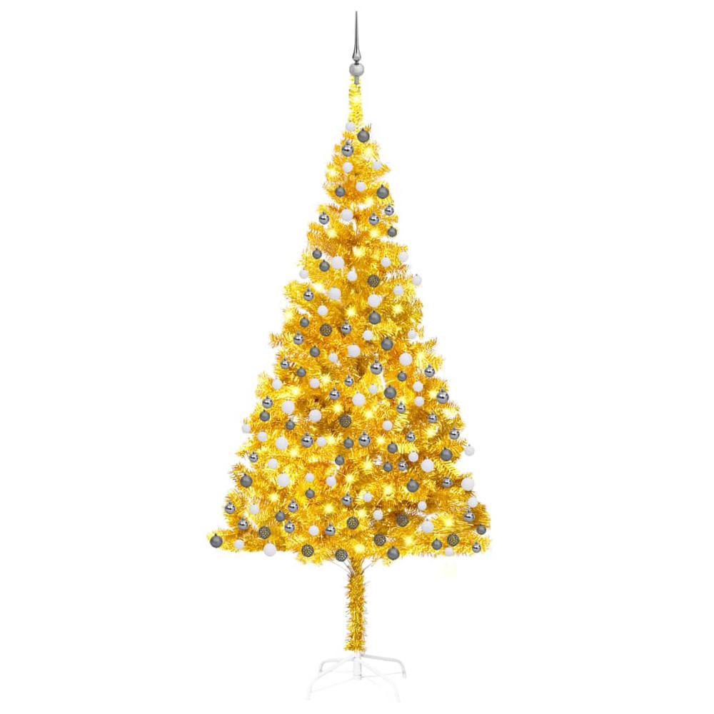 vidaXL Artificial Christmas Tree with LEDs&Ball Set Gold 82.7" PET, 3077692. Picture 1