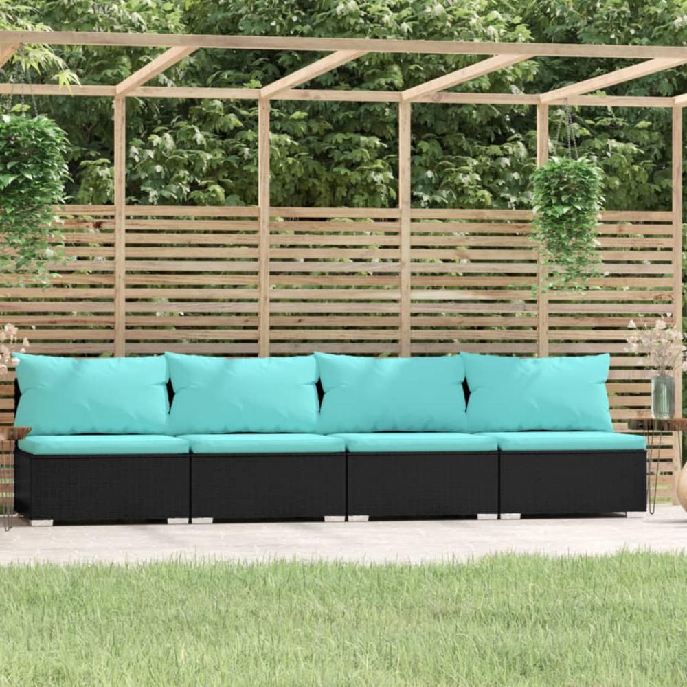 vidaXL 4-Seater Sofa with Cushions Black Poly Rattan, 317541. Picture 1