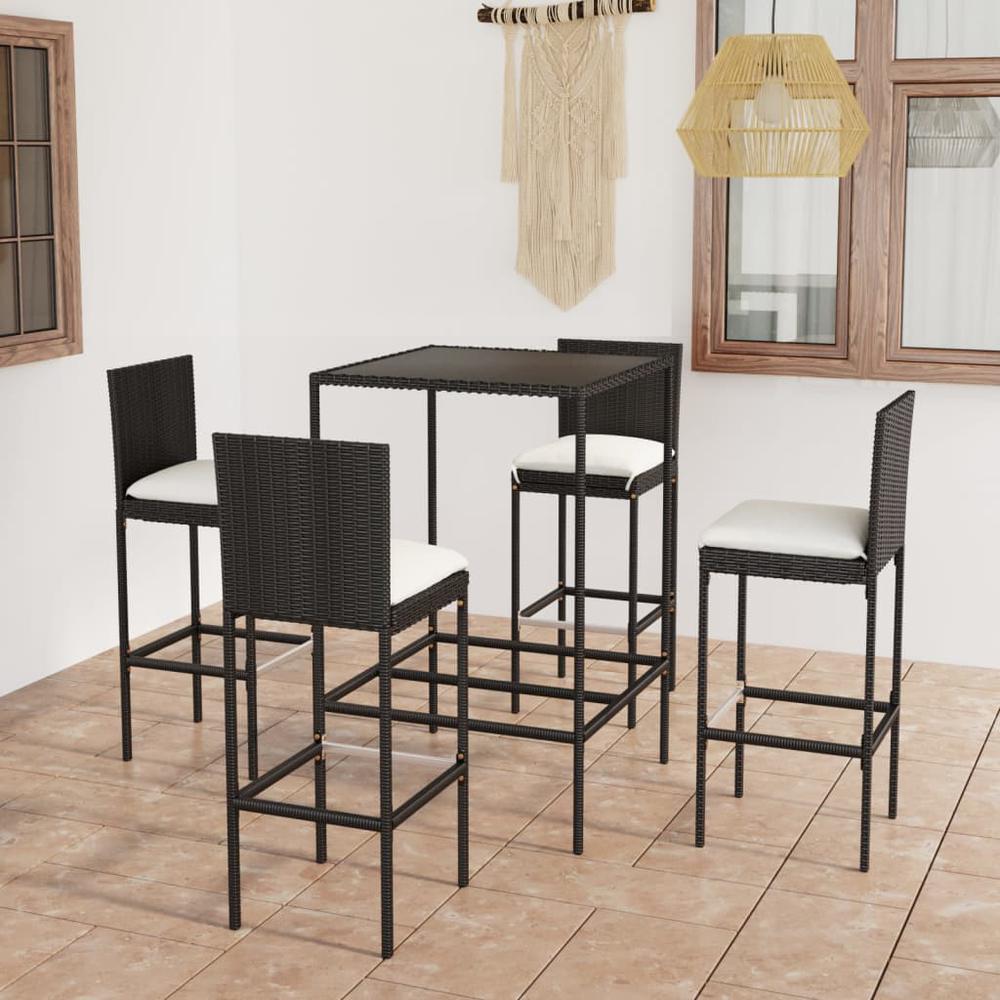 vidaXL 5 Piece Patio Bar Set with Cushions Poly Rattan Black, 3064830. Picture 1
