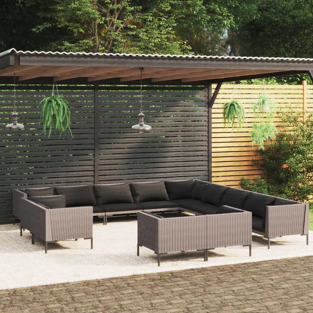 vidaXL 13 Piece Patio Lounge Set with Cushions Poly Rattan Dark Gray, 3099906. Picture 1