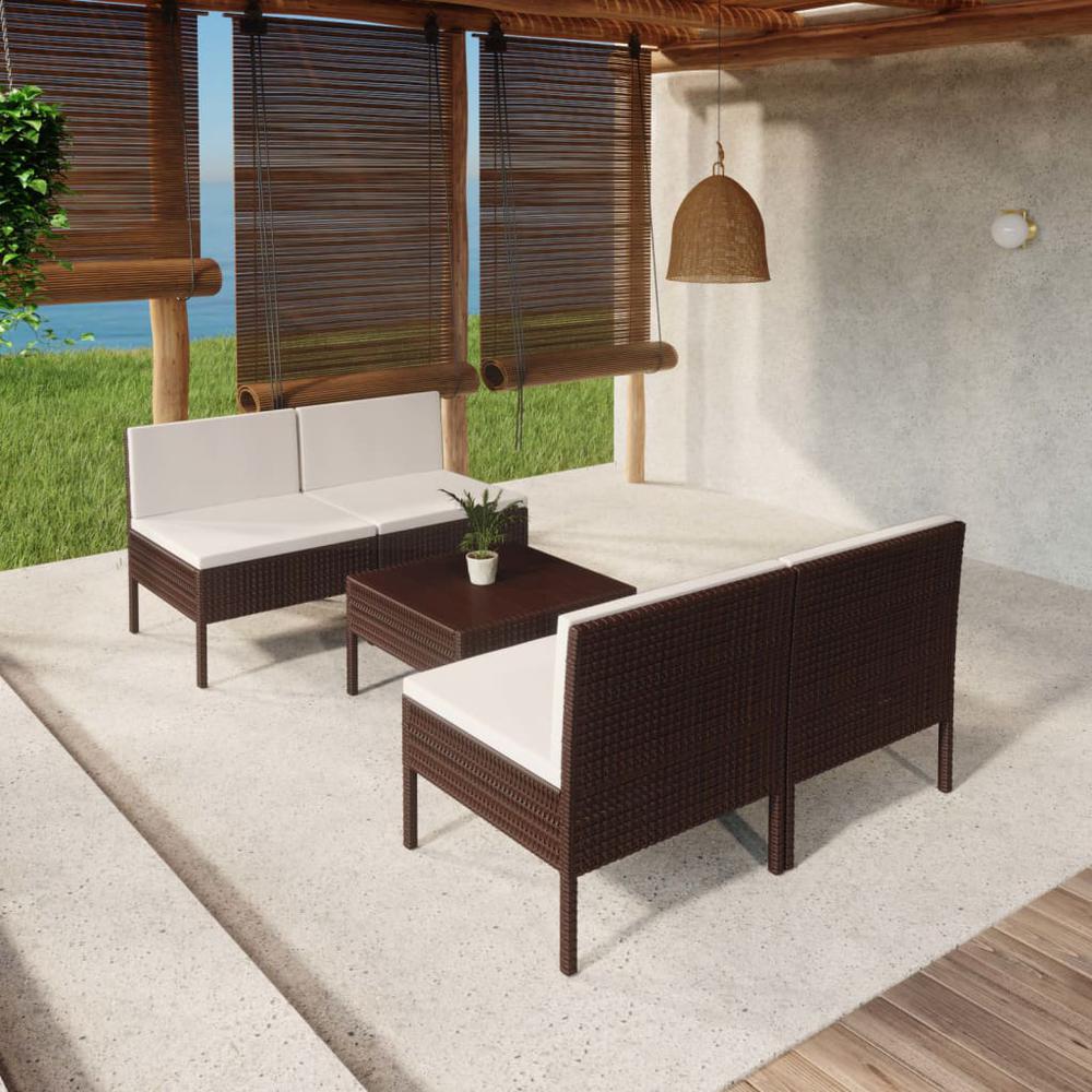 vidaXL 5 Piece Patio Lounge Set with Cushions Poly Rattan Brown, 3094307. Picture 1