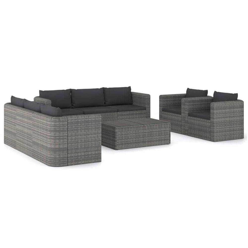vidaXL 9 Piece Patio Lounge Set with Cushions Poly Rattan Gray, 3059491. Picture 2