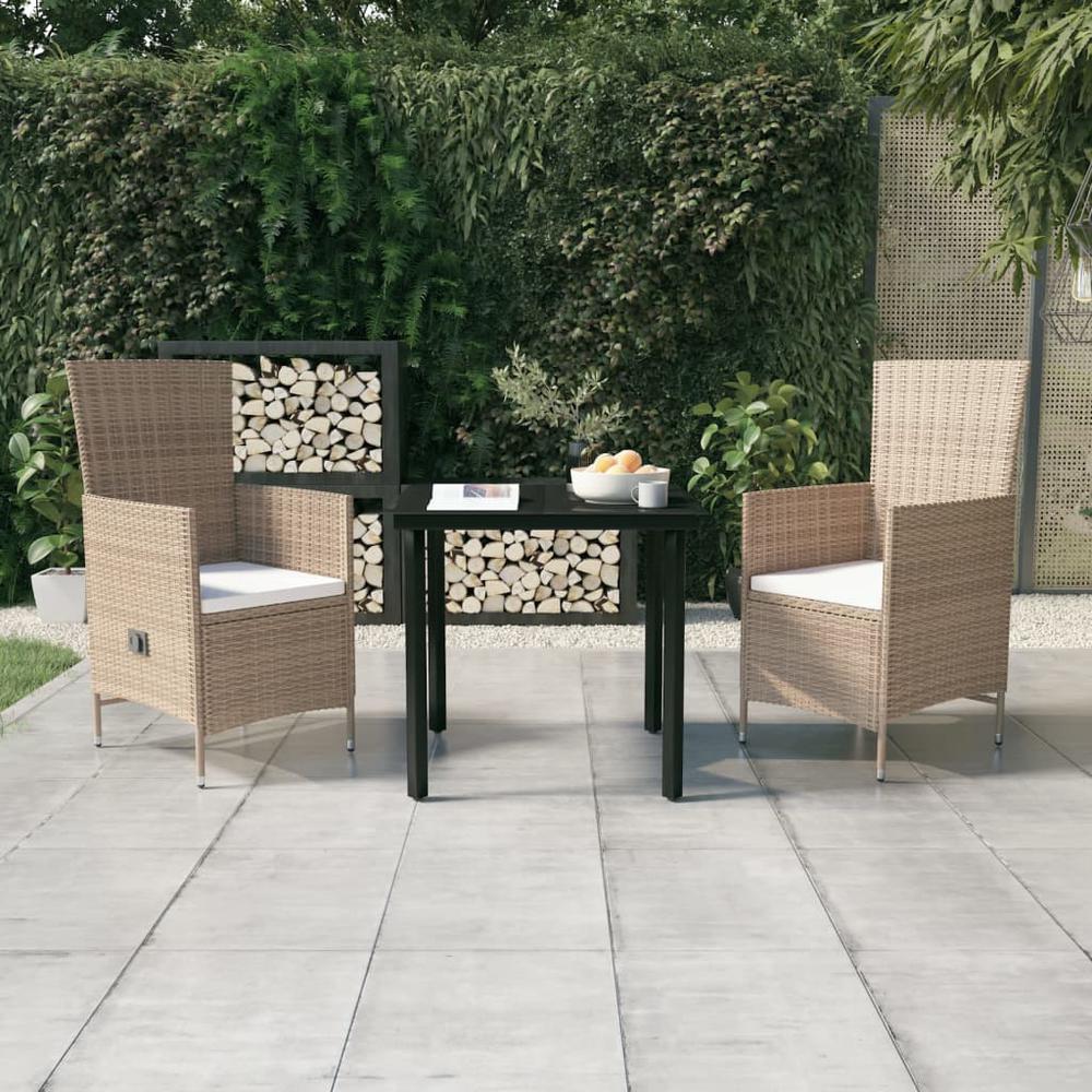 vidaXL 3 Piece Patio Dining Set with Cushions Beige, 3099437. Picture 1